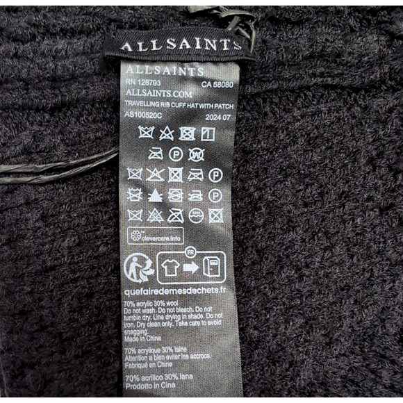 ALL SAINTS Travelling Rib Cuff Beanie Hat Unisex Adult Logo Cinder Black NEW NWT - Picture 5 of 7